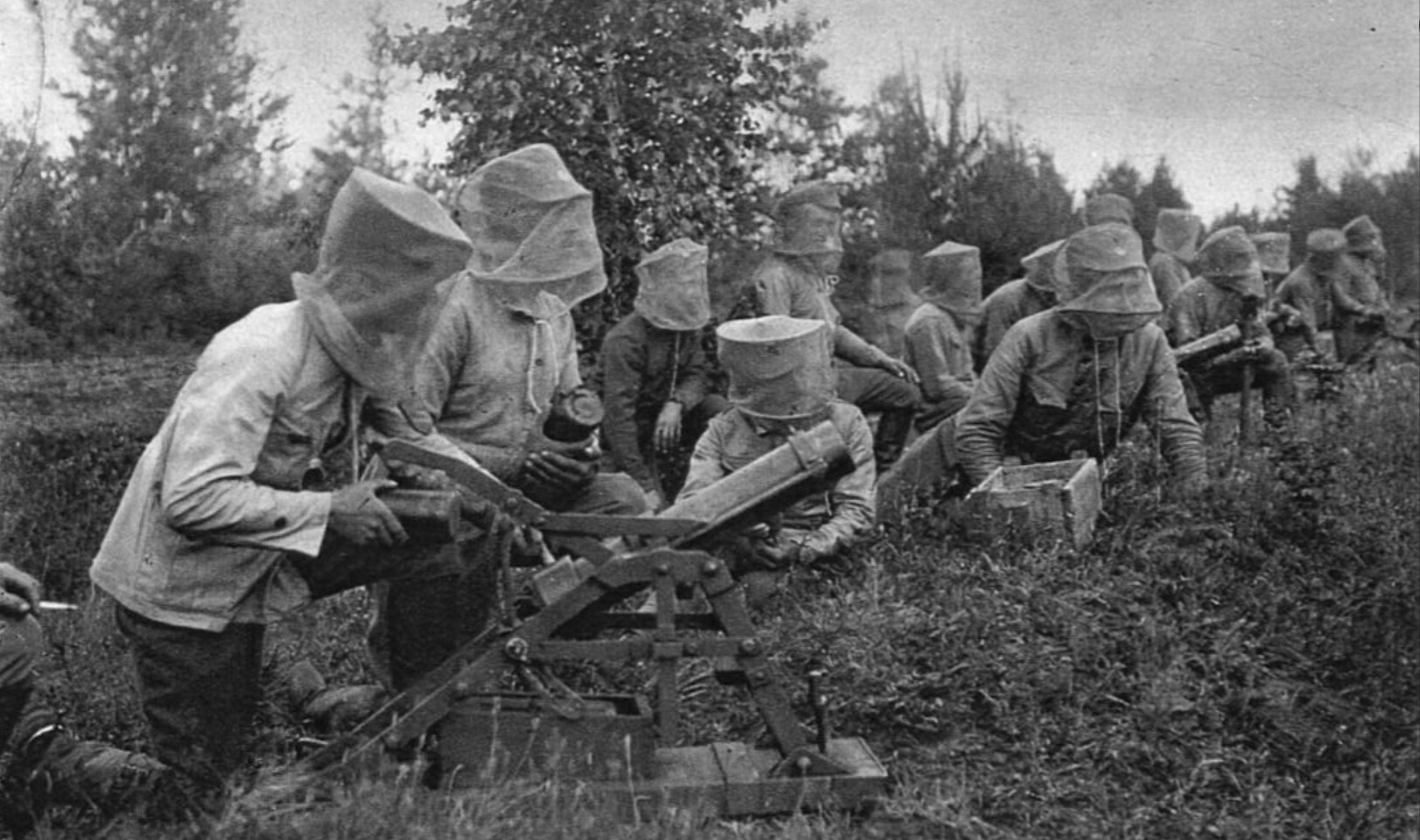 Czechoslovak soldiers stand guard on the Trans-Siberian Railway with mosquito nets around their heads, Russia, c. 1920 